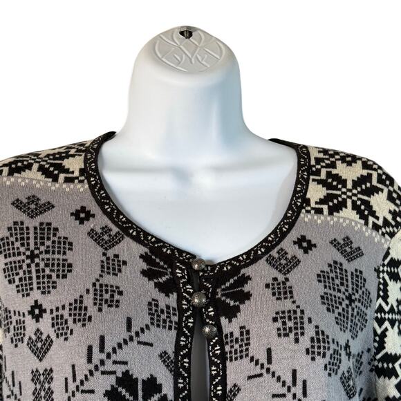 Gudrun Sjoden Cardigan Sweater Jacket Sz Small Black Cream Nordic Pattern Cotton - Picture 2 of 8